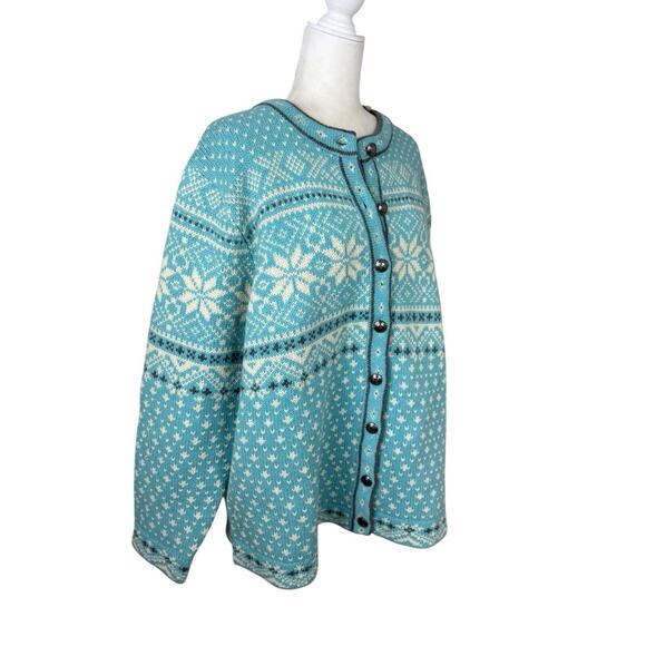 LL Bean Sweater Womens 1X Teal Nordic Lambs Wool Fair Isle Snow Flake Cardigan - Picture 2 of 11